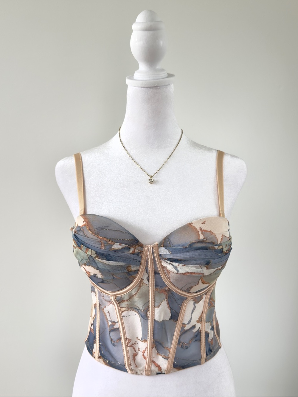 NWT Micas Structured Bustier Corset Top in Blue and Cream Floral Print Cami Top